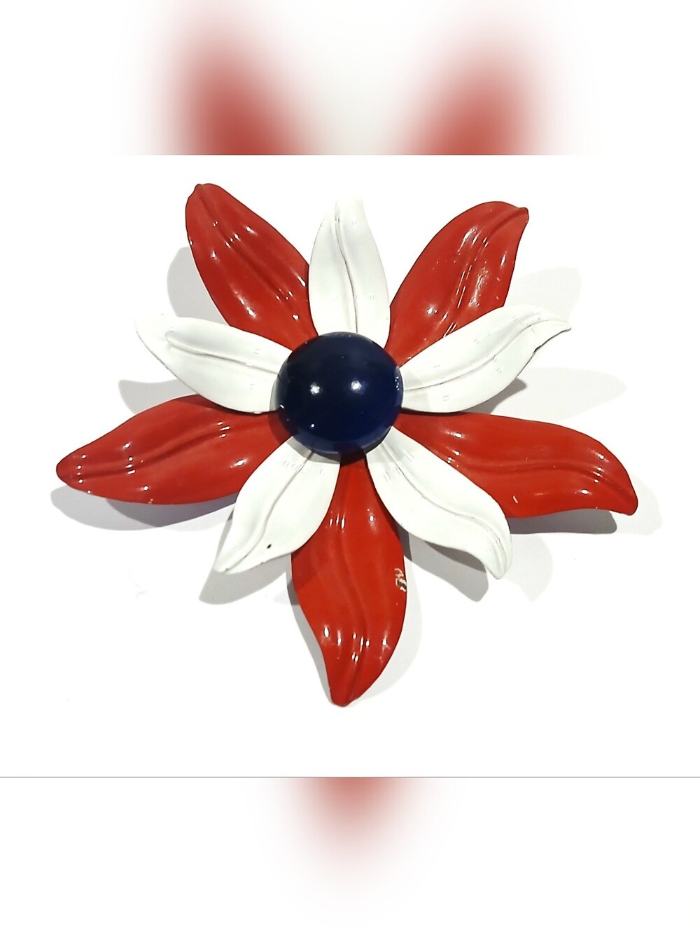 Vintage Red White Blue Enameled Metal Flower Pin Brooch